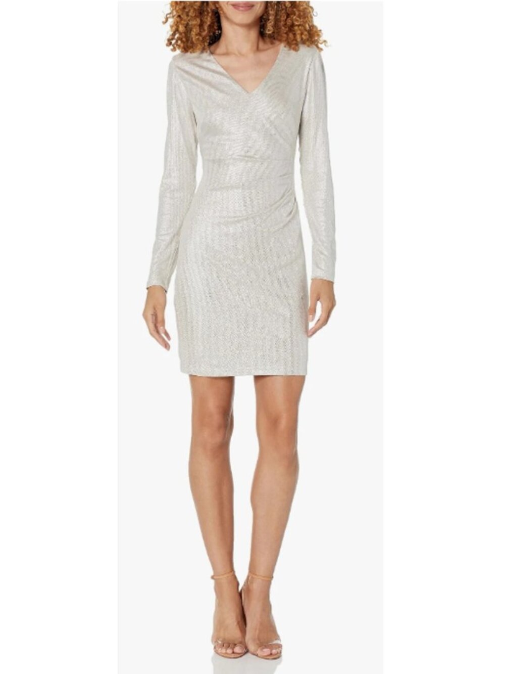 Guess Champagne Shimmer Ruched Bodycon Long Sleeve Dress